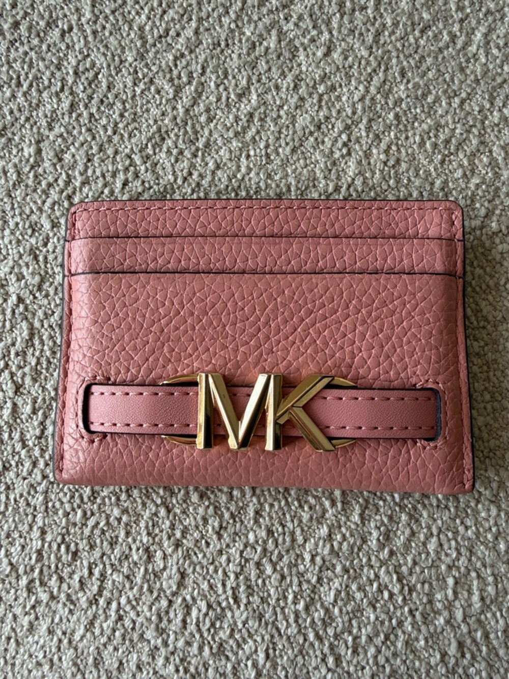 Michael Kors Rose Pink Pebbled Leather MK Card Case with Gold Logo